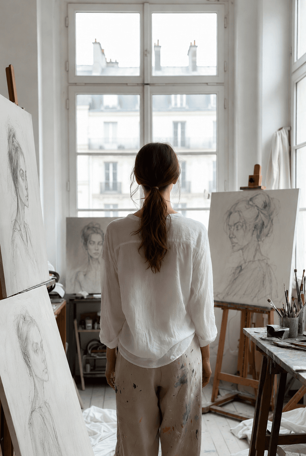 Young woman drawing at an easel in a studio